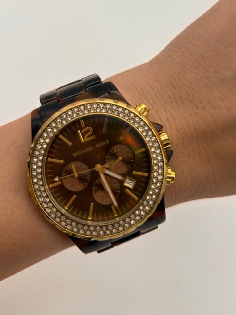 EUC Michael Kors Madison 45 mm Tortoise Acrylic Band Quartz Watch MK5557